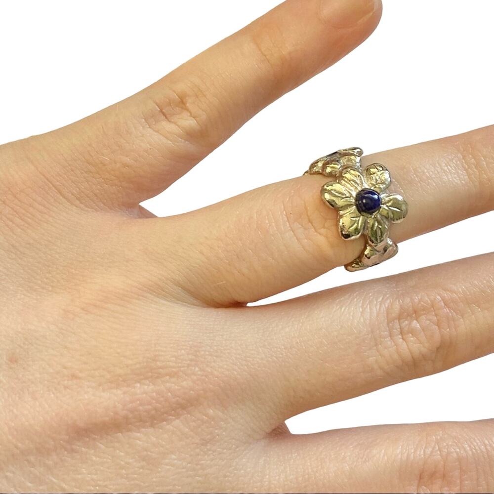 VTG Galliano Christian Dior Silver Metal Lapis Lazuli Flower Ring & Necklace Set - Picture 11 of 14